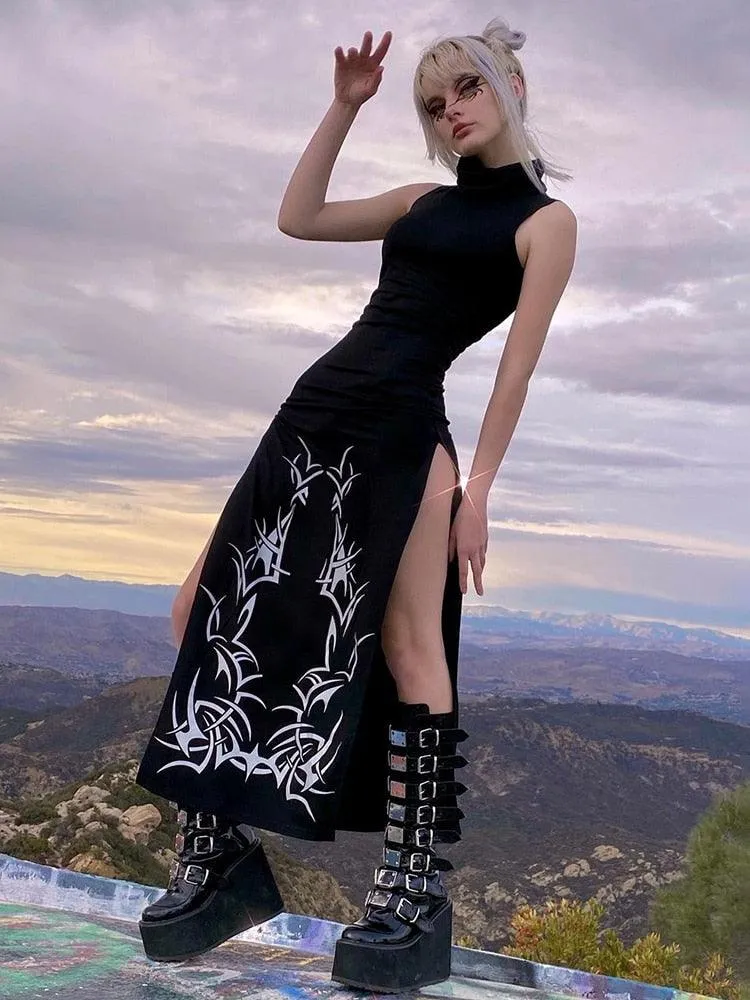 Gothic Print Midi Dress - Turtleneck Long Dress | Unleash Your Dark Side