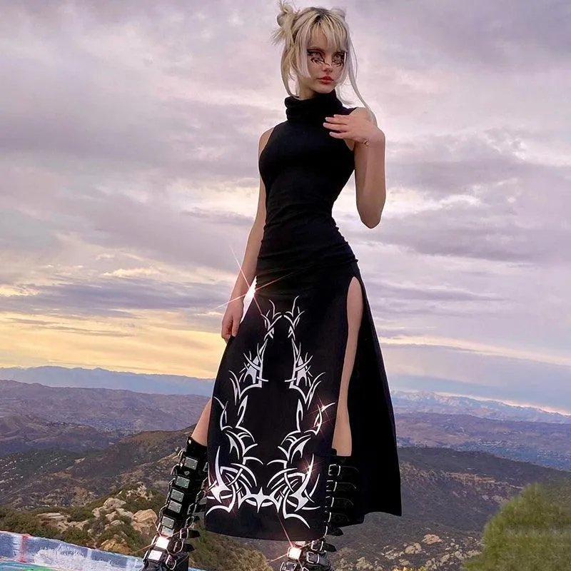 Gothic Print Midi Dress - Turtleneck Long Dress | Unleash Your Dark Side