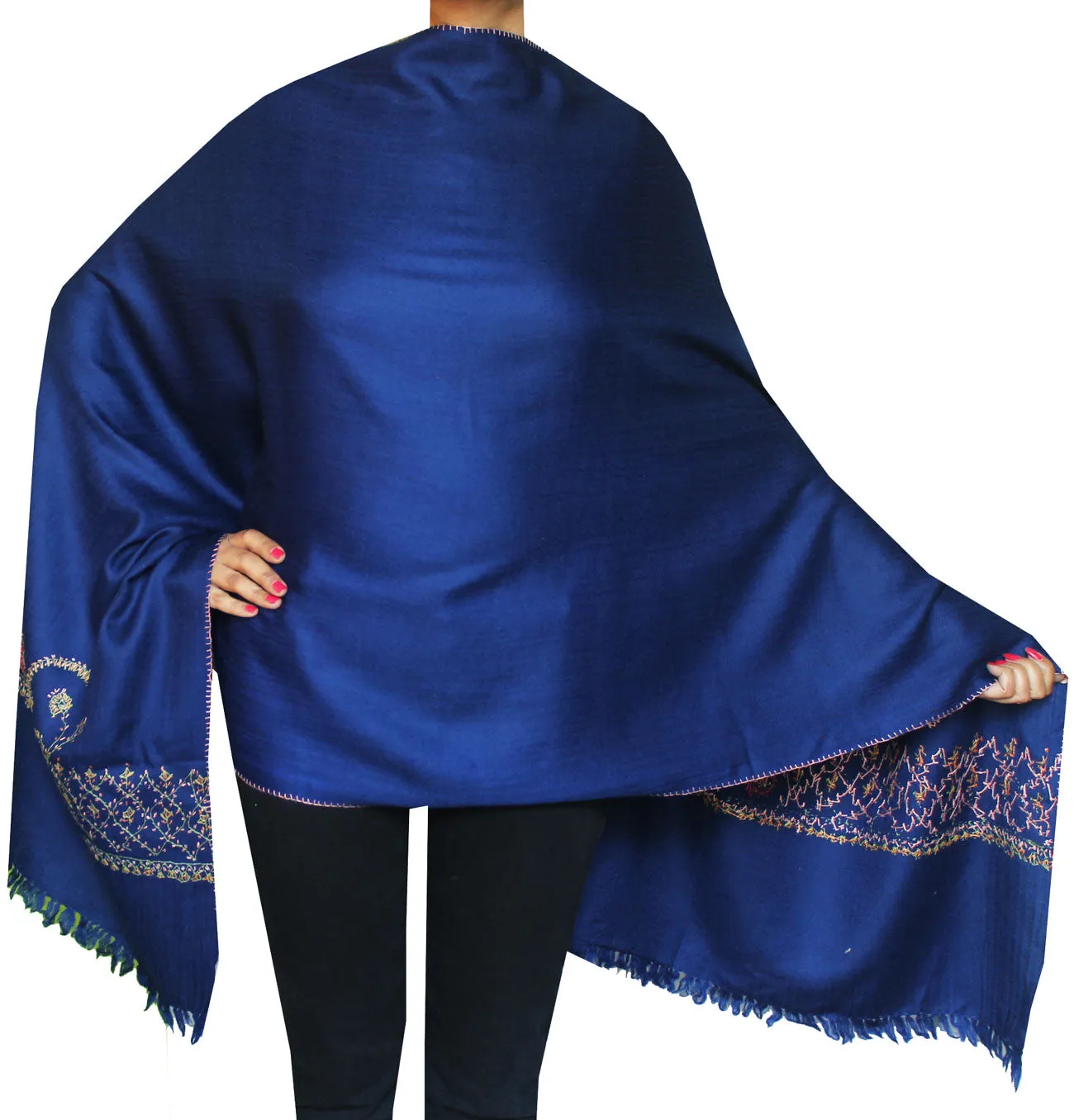 Hand Embroidered Blue Indian Wool Shawl - 76 x 28 inches (for Women)