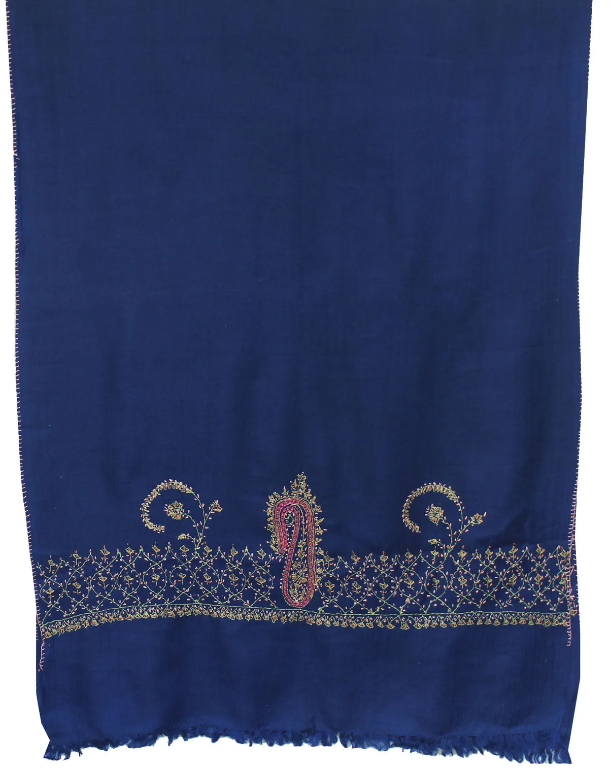 Hand Embroidered Blue Indian Wool Shawl - 76 x 28 inches (for Women)