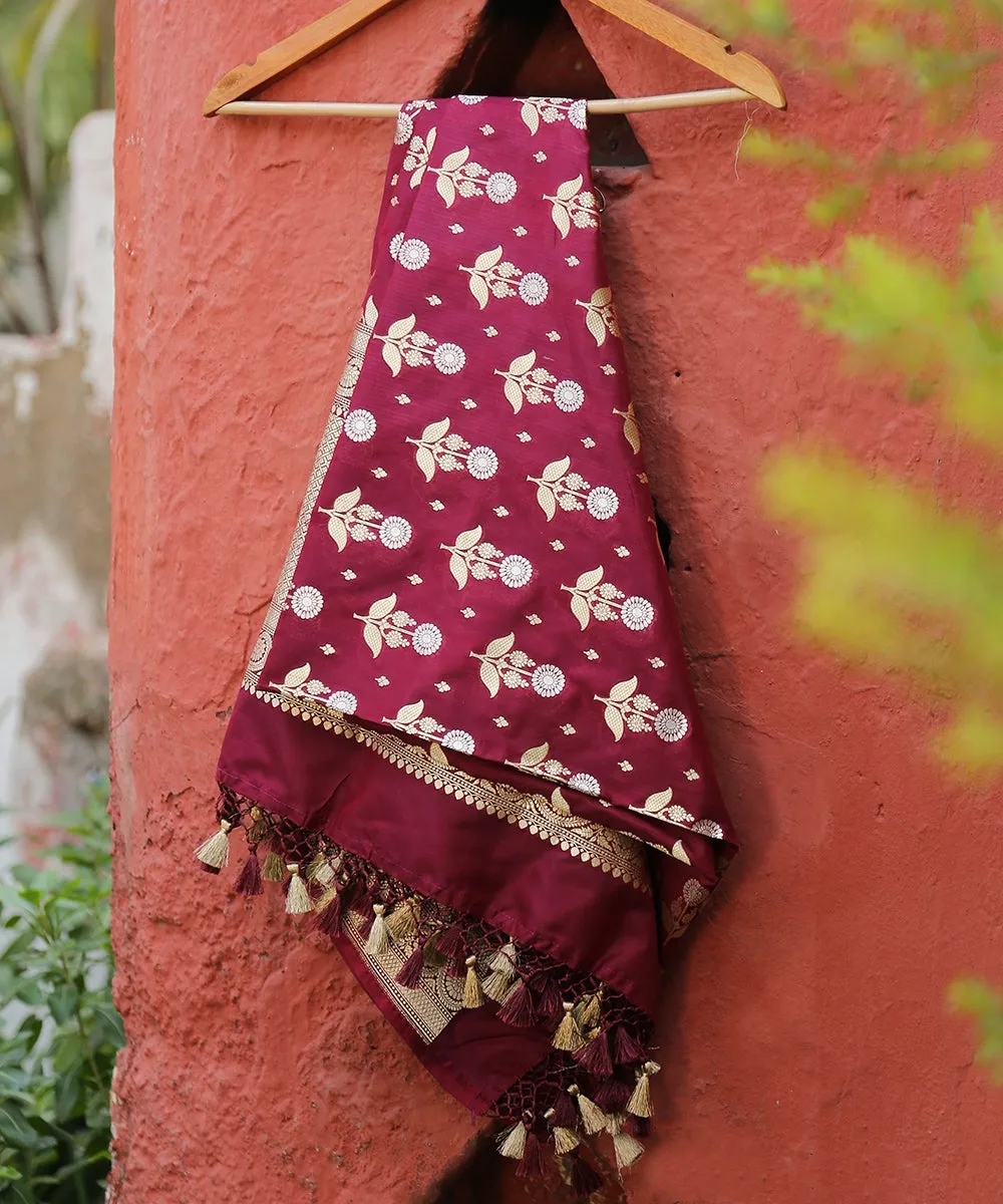 Handloom Wine Pure Katan Silk Sona Rupa Banarasi Dupatta with Sunflower Zari Motif