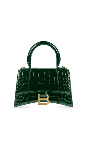 Hourglass XS Handbag in Crocodile Embossed Shiny Leather - Forest Green