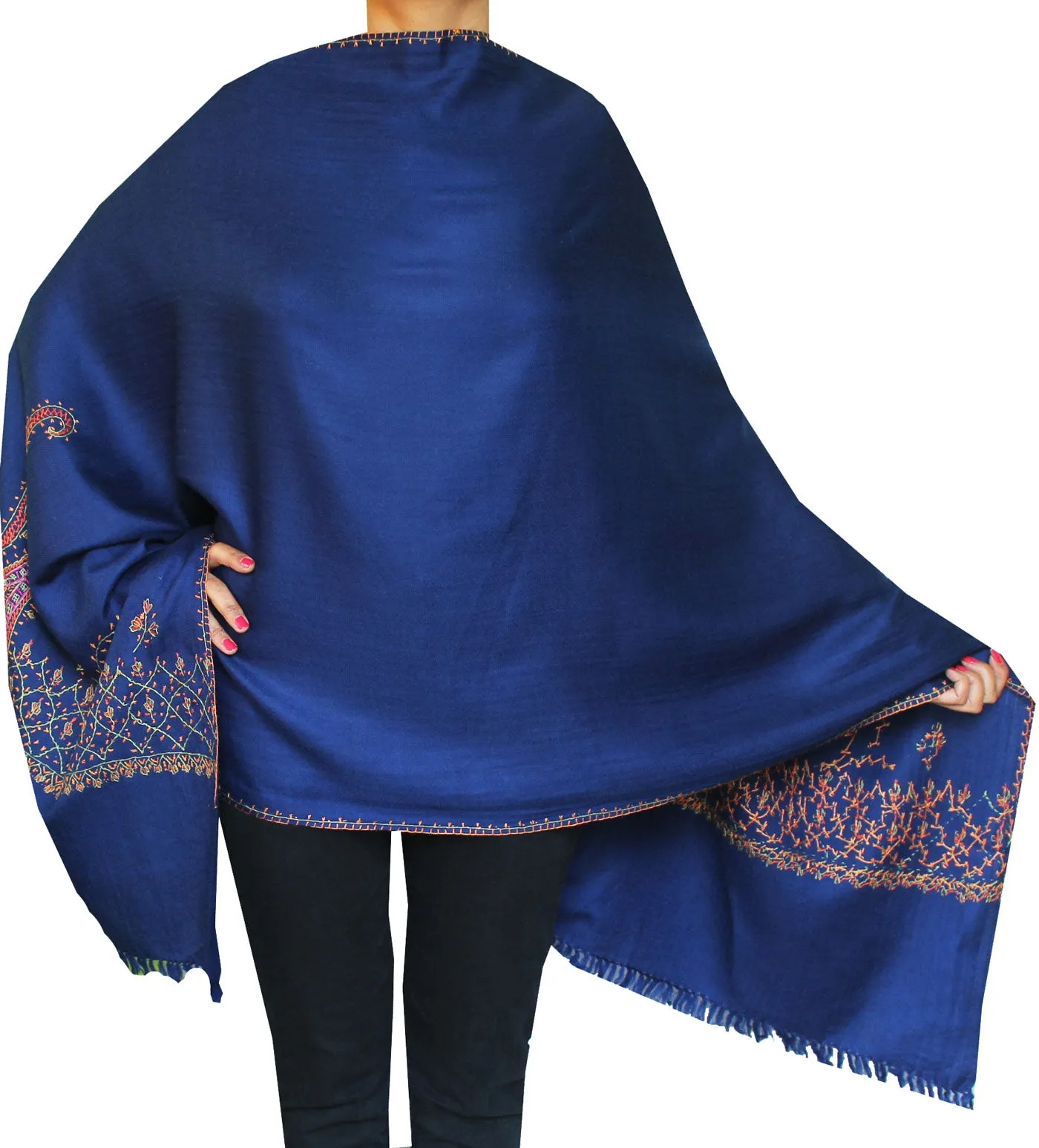 India Wool Shawl Blue Hand Embroidered Women's Gift