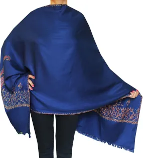 India Wool Shawl Blue Hand Embroidered Women's Gift