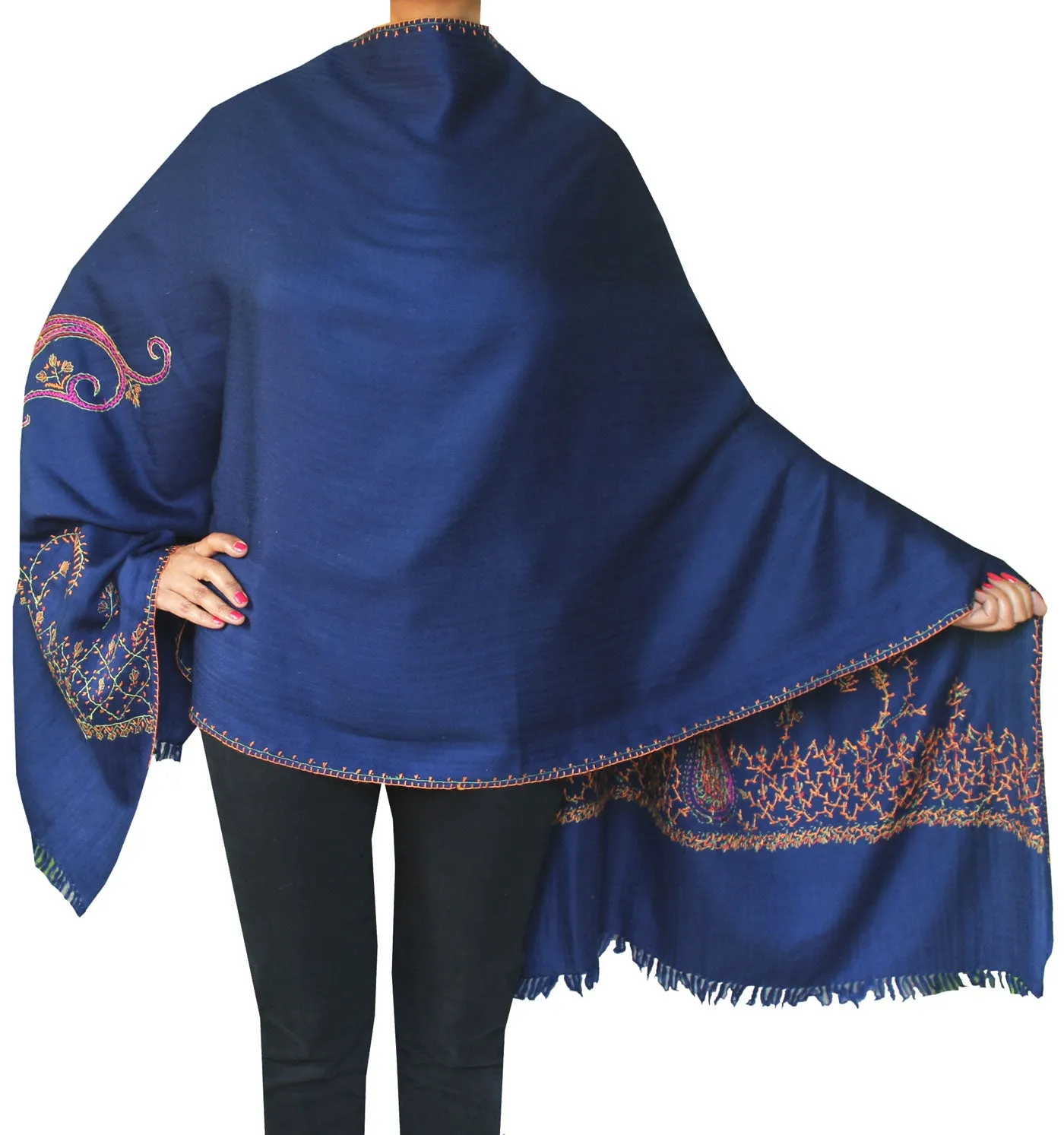 Indian Blue Wool Scarf Hand Embroidered Women's Gift