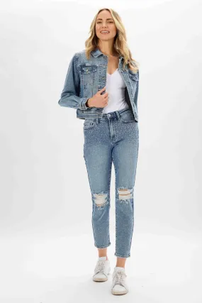 Judy Blue high waist slim fit jeans with rhinestone embellishments and distressed details.