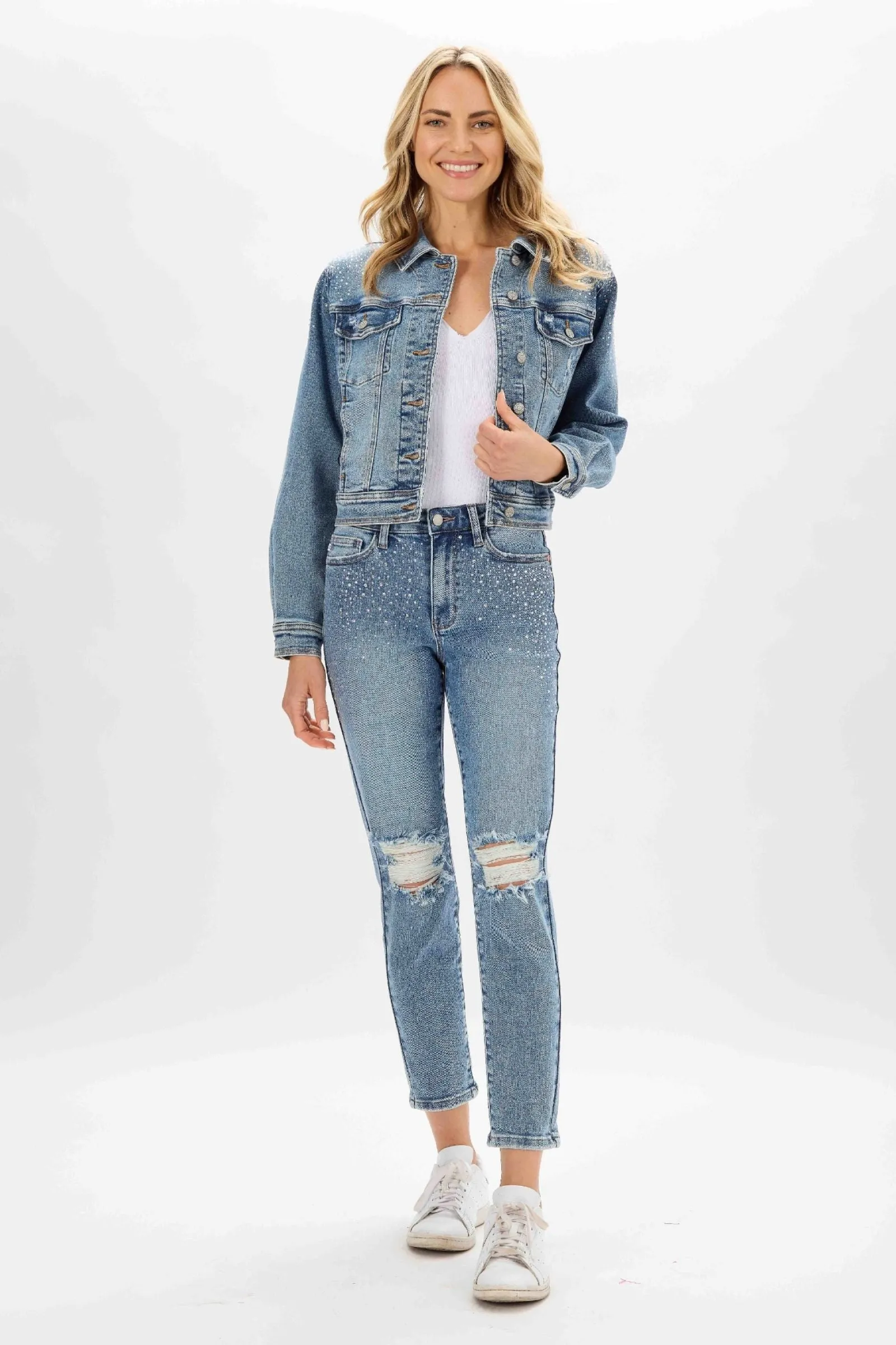 Judy Blue high waist slim fit jeans with rhinestone embellishments and distressed details.