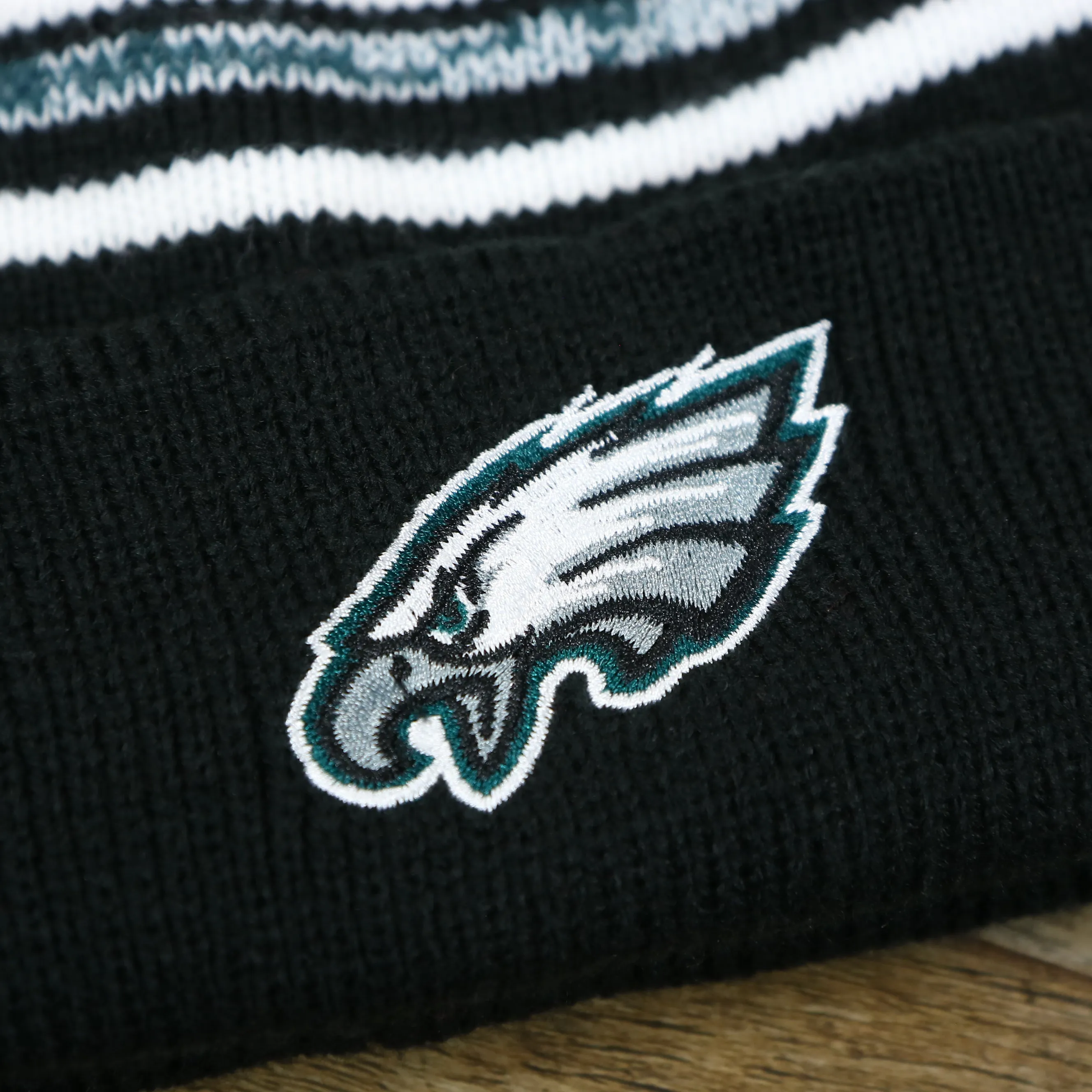 Kid's Philadelphia Eagles Striped Winter Beanie in Black, Midnight Green, and White