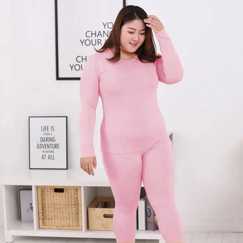 Large Size Women's Thermal Underwear - Thin Round Neck Set