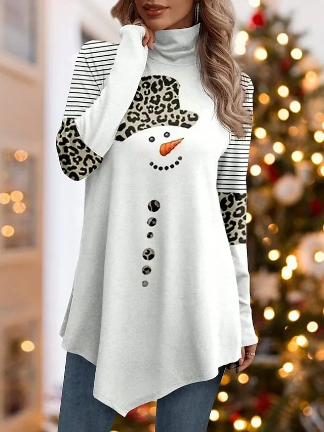 Leopard Snowman Print Turtleneck Tee - Women's Asymmetrical Long Sleeve