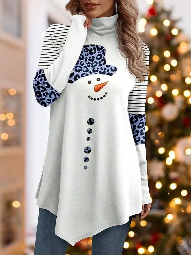 Leopard Snowman Print Turtleneck Tee - Women's Asymmetrical Long Sleeve