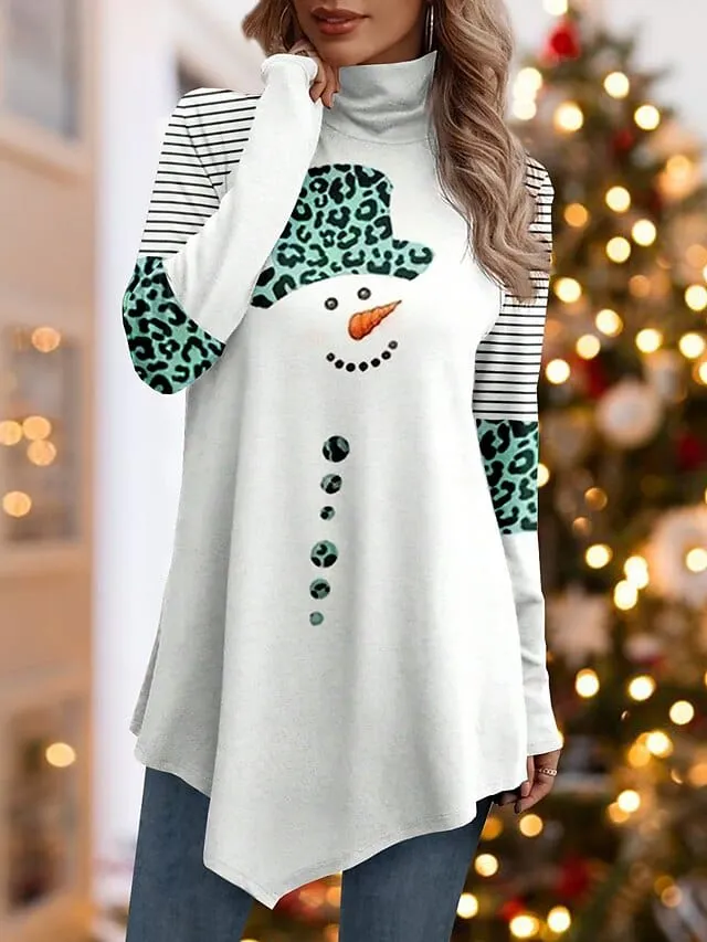 Leopard Snowman Print Turtleneck Tee - Women's Asymmetrical Long Sleeve