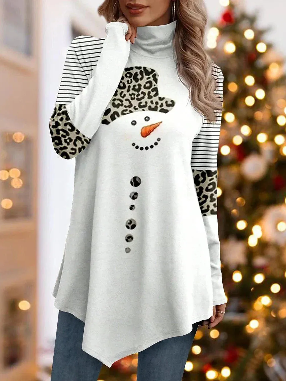 Leopard Snowman Print Turtleneck Tee - Women's Asymmetrical Long Sleeve