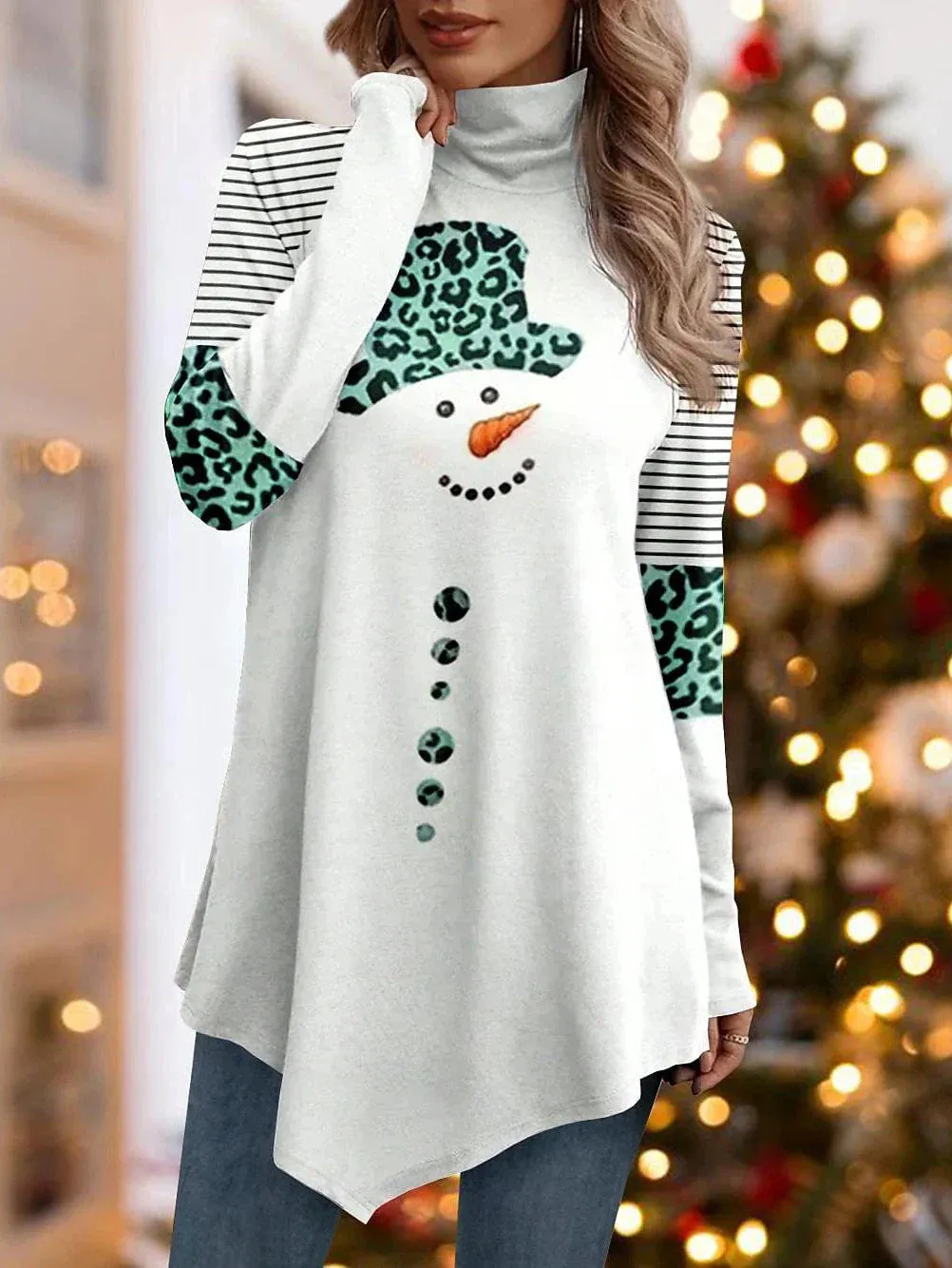 Leopard Snowman Print Turtleneck Tee - Women's Asymmetrical Long Sleeve