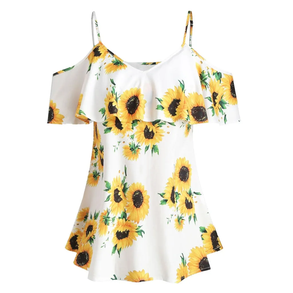 Mbluxy Women Blouse Fashion Sunflower Printed Short Sleeve