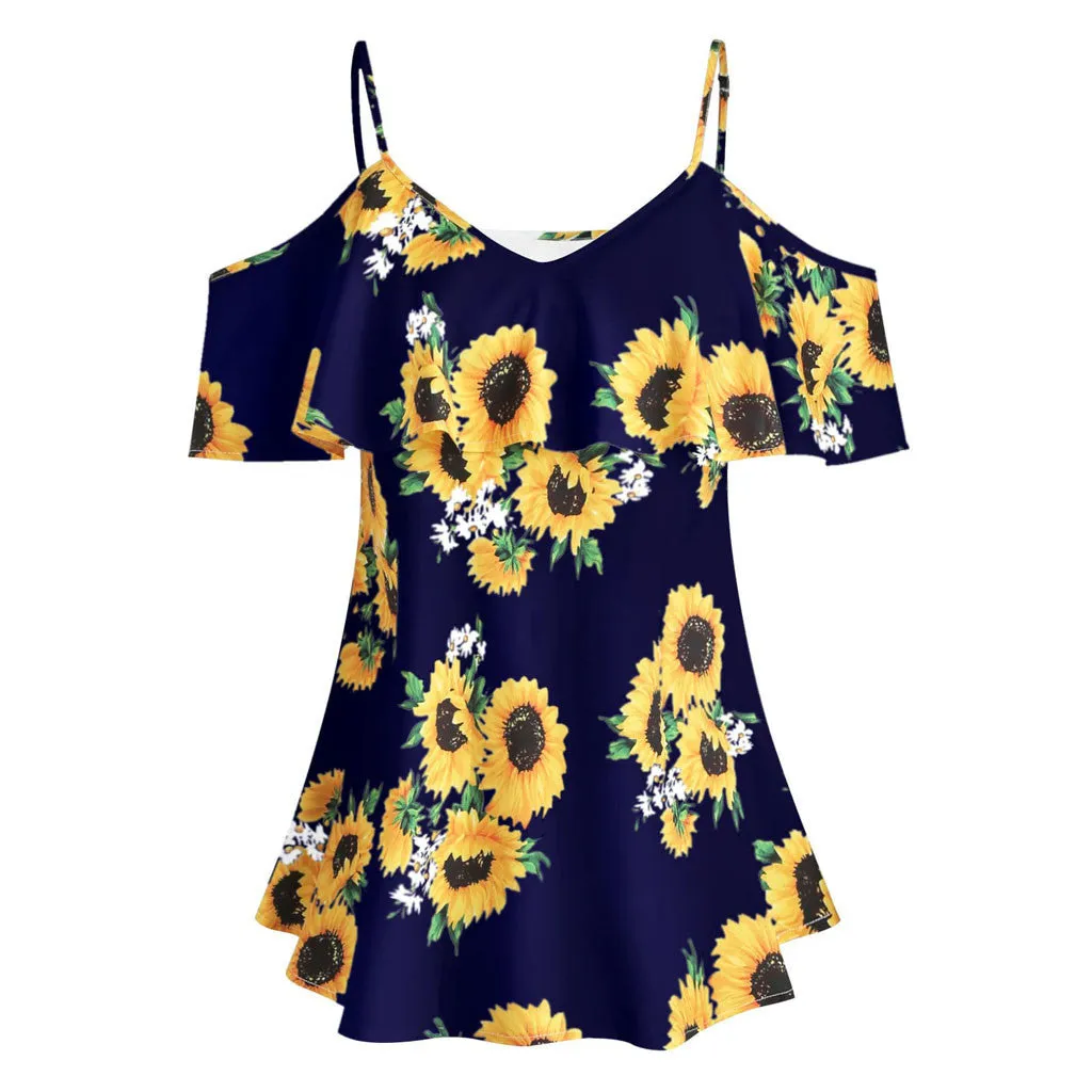 Mbluxy Women Blouse Fashion Sunflower Printed Short Sleeve