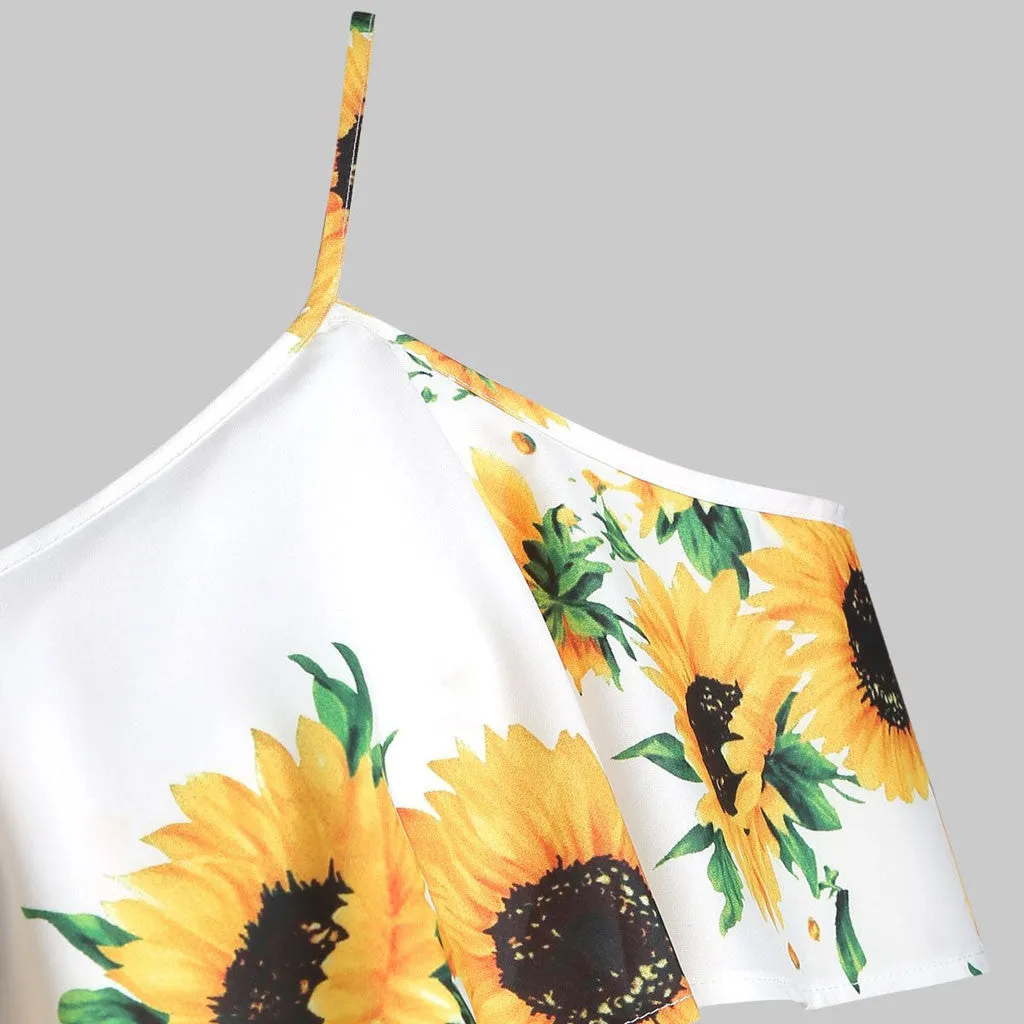 Mbluxy Women Blouse Fashion Sunflower Printed Short Sleeve