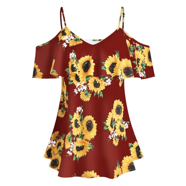 Mbluxy Women Blouse Fashion Sunflower Printed Short Sleeve