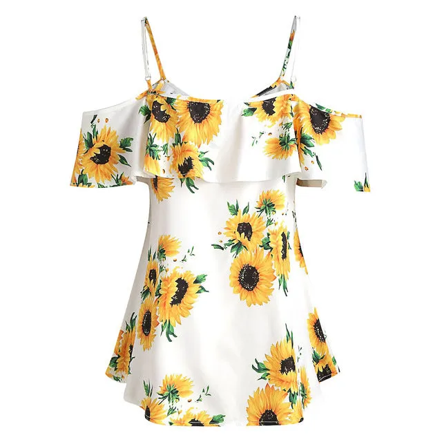 Mbluxy Women Blouse Fashion Sunflower Printed Short Sleeve