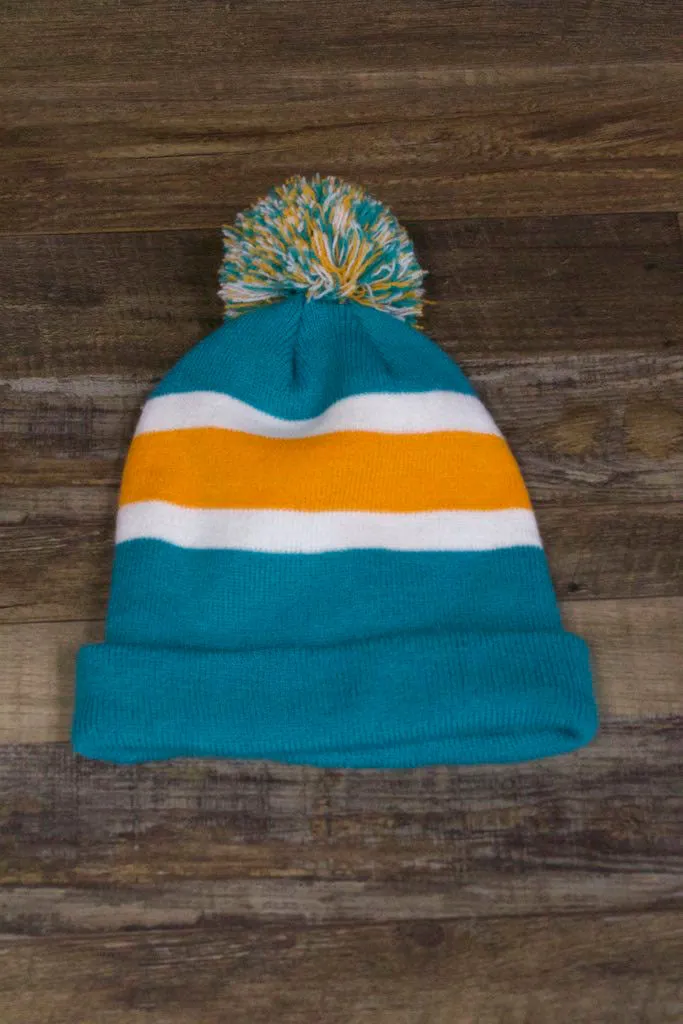 Miami Dolphins Striped Winter Knit Pom Beanie - Dolphins Beanie