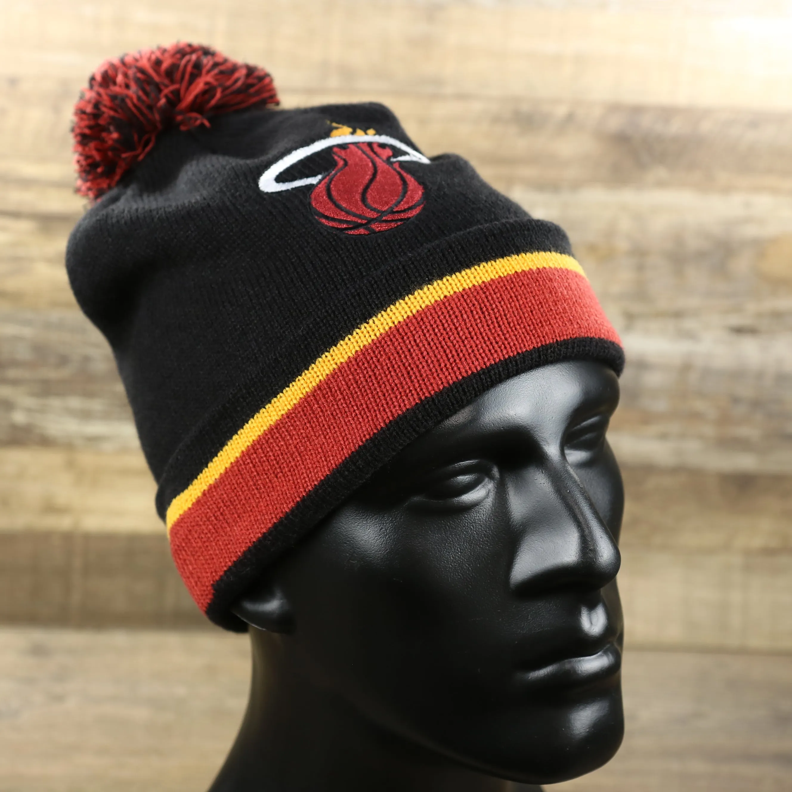 Miami Heat Black Winter Beanie with Striped Cuffed Pom Pom