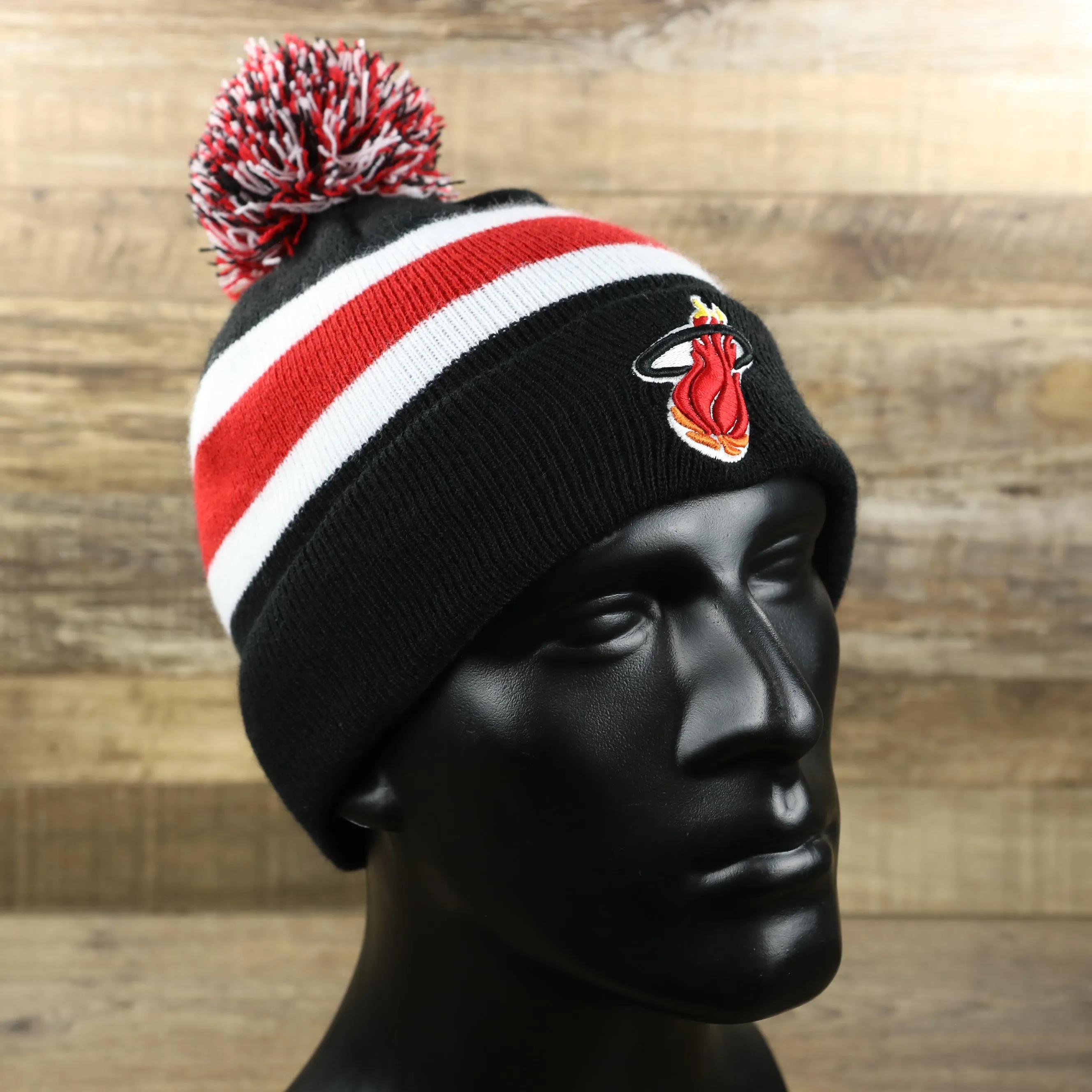 Miami Heat Striped Cuffed Pom Pom Winter Beanie - Black Winter Beanie | Buy Now