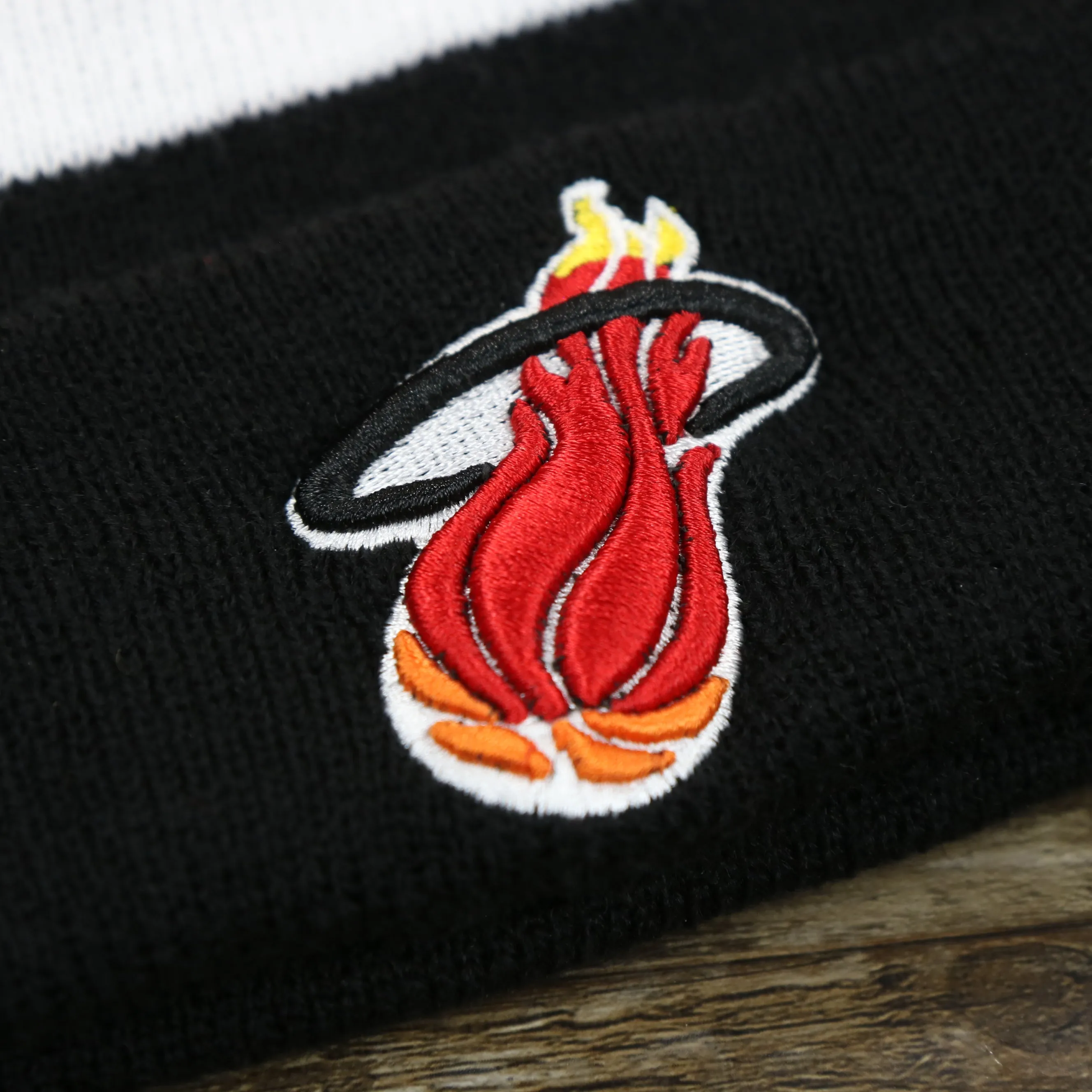 Miami Heat Striped Cuffed Pom Pom Winter Beanie - Black Winter Beanie | Buy Now