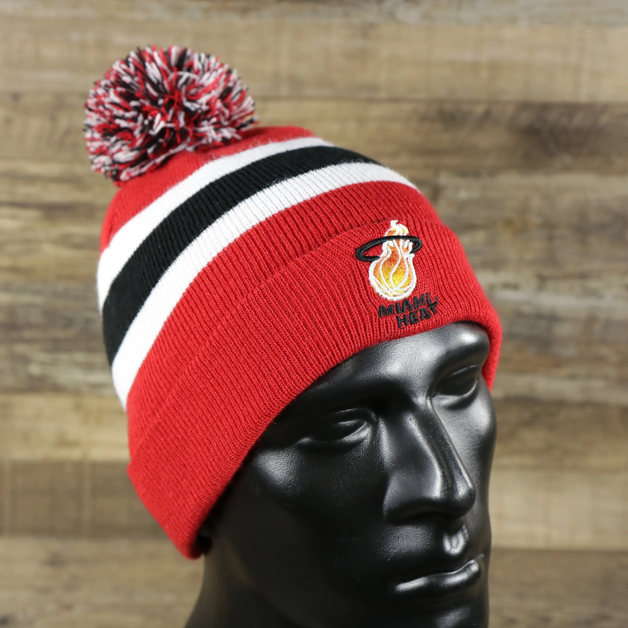 Miami Heat Winter Beanie - Red Striped Pom Pom Hat