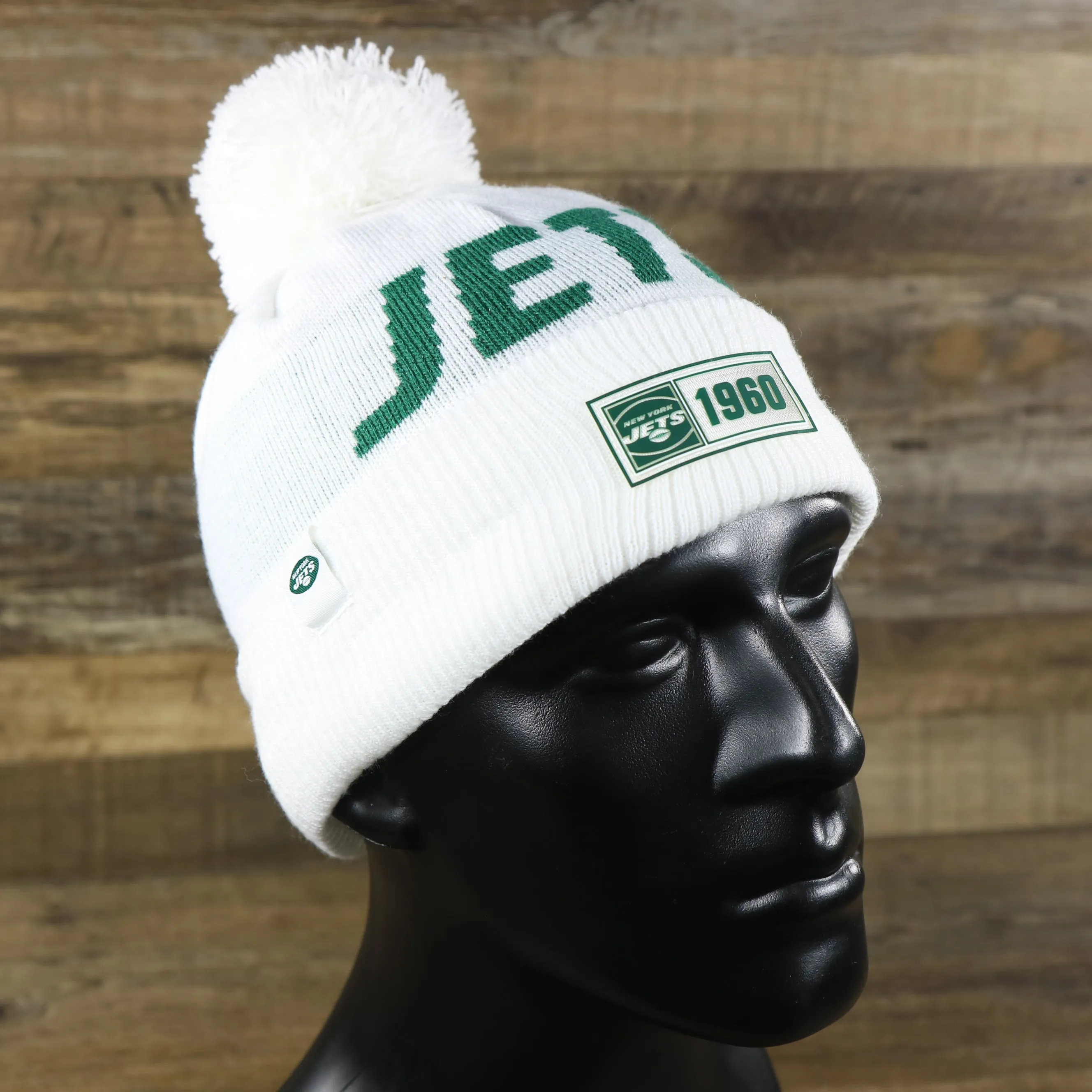 New York Jets 1960 Rubber Jets On Field Patch Cuffed Pom Pom White Winter Beanie