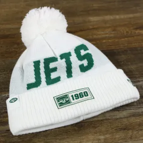 New York Jets 1960 Rubber Jets On Field Patch Cuffed Pom Pom White Winter Beanie