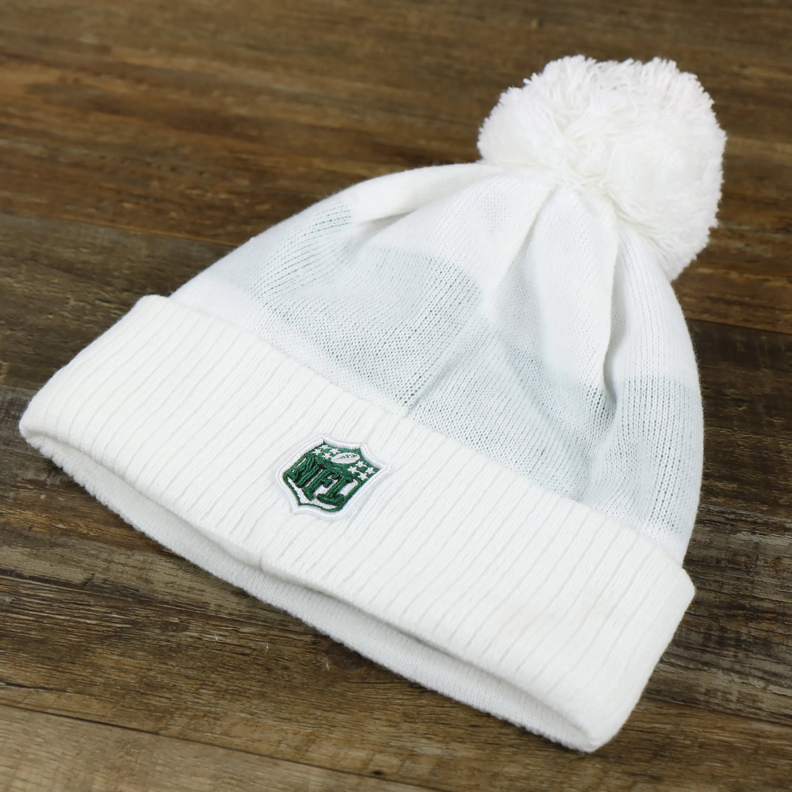 New York Jets 1960 Rubber Jets On Field Patch Cuffed Pom Pom White Winter Beanie