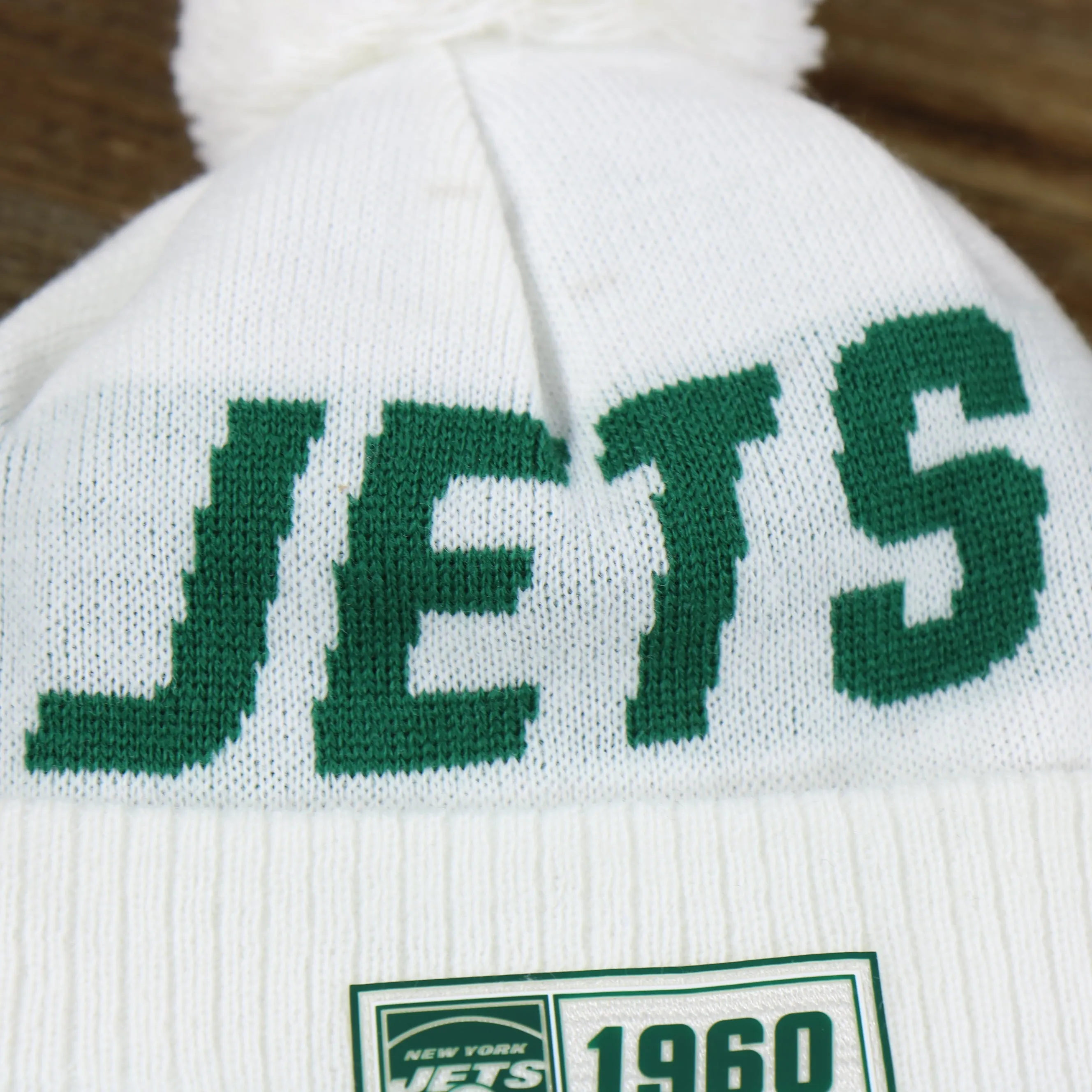 New York Jets 1960 Rubber Jets On Field Patch Cuffed Pom Pom White Winter Beanie