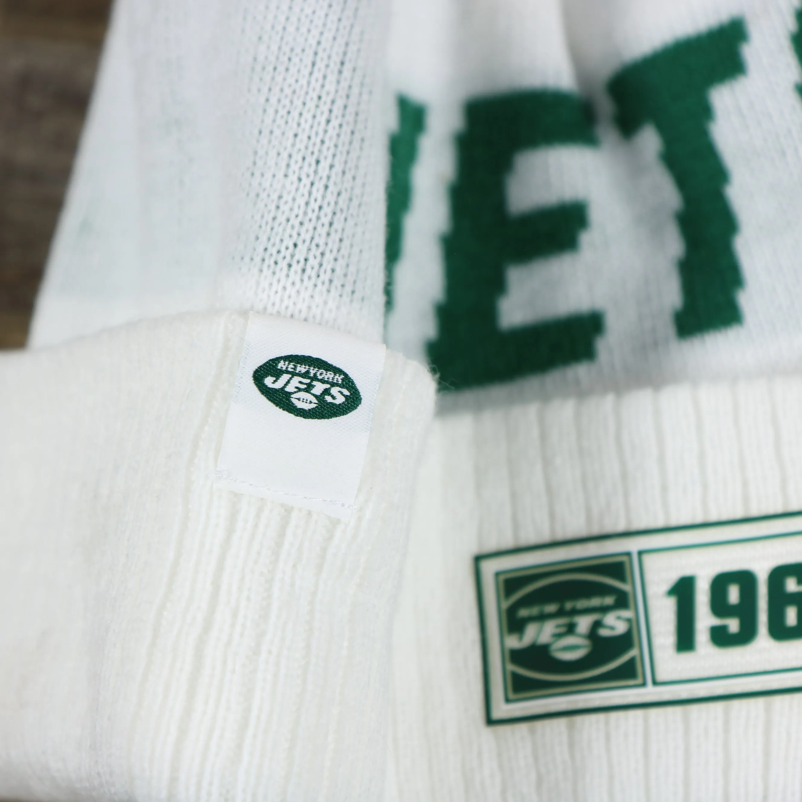 New York Jets 1960 Rubber Jets On Field Patch Cuffed Pom Pom White Winter Beanie