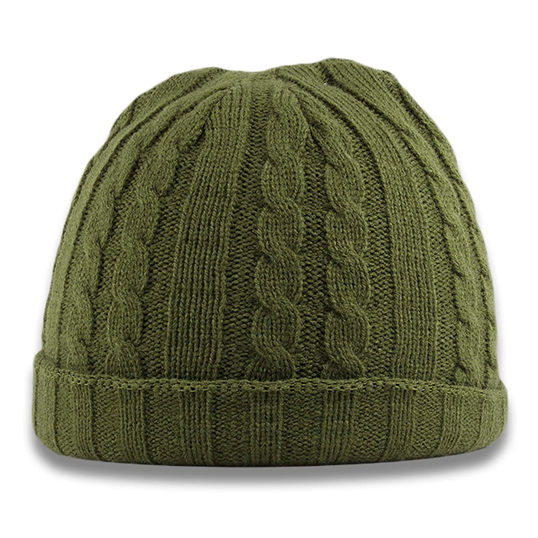 Olive Cable Knit Winter Beanie Hat - Raised Cuff | Shop Now