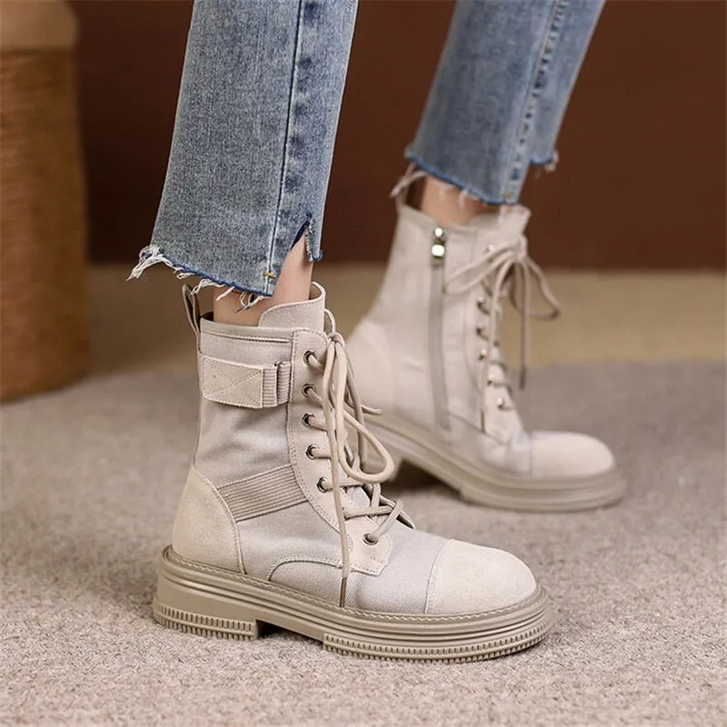 Patchwork Platform Ankle Boots, Women's Round Toe Cross Strap Zipper Boots