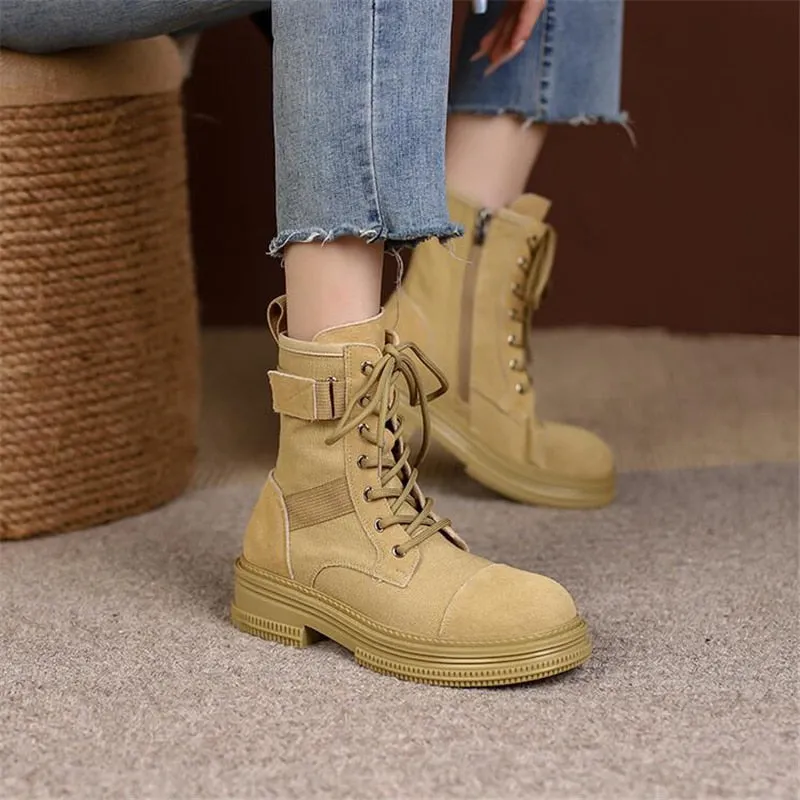 Patchwork Platform Ankle Boots, Women's Round Toe Cross Strap Zipper Boots