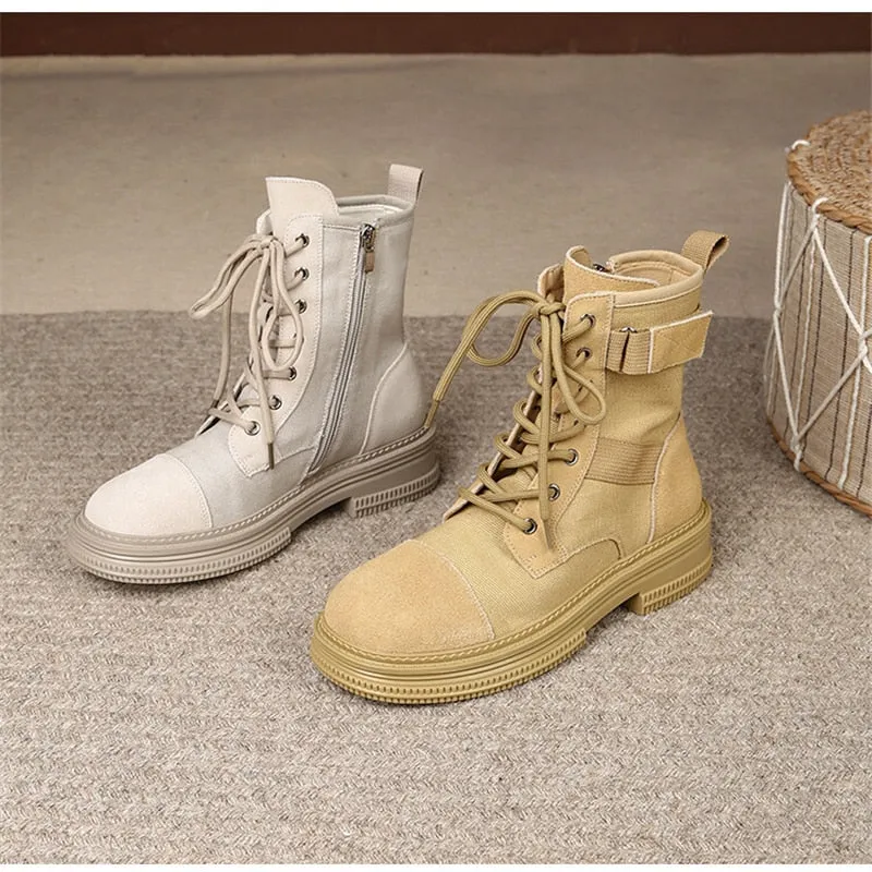 Patchwork Platform Ankle Boots, Women's Round Toe Cross Strap Zipper Boots