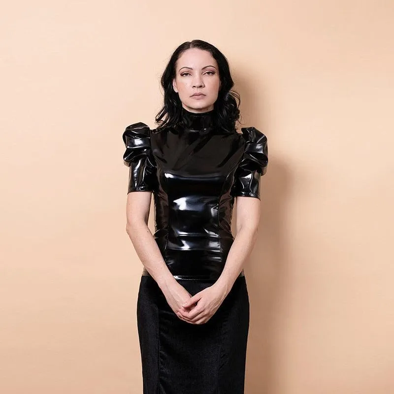 Patent Leather Turtleneck Top - Short Puffed Sleeves and Shiny Finish