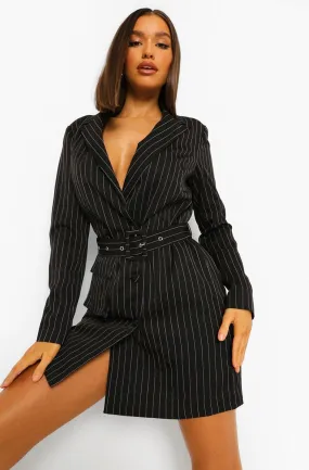 Pinstripe Double Breasted Utility Blazer Dress