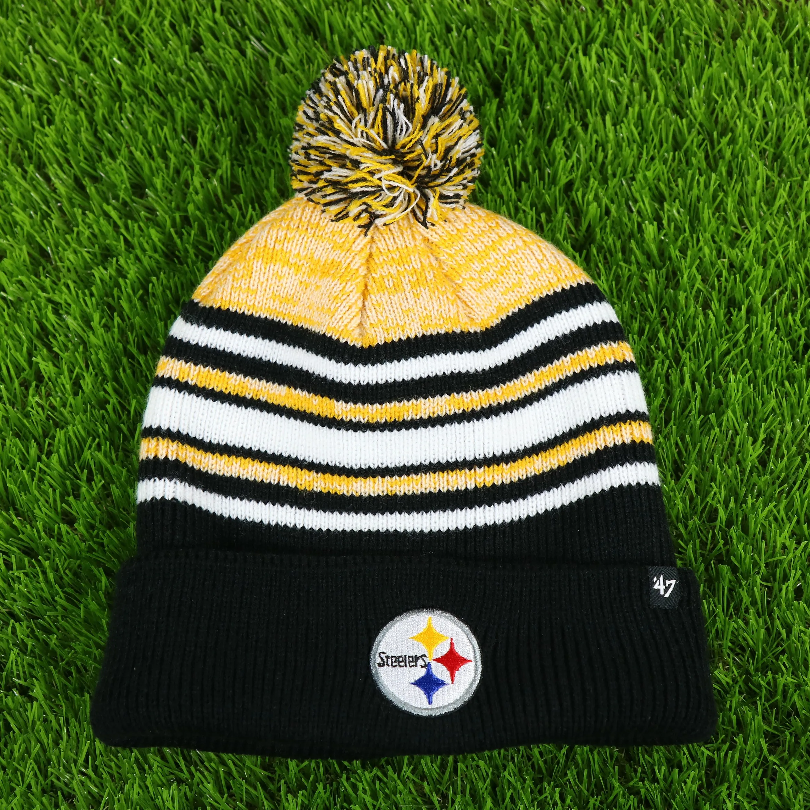 Pittsburgh Steelers Striped Pom Pom Winter Beanie for Kids - Black, Yellow, White