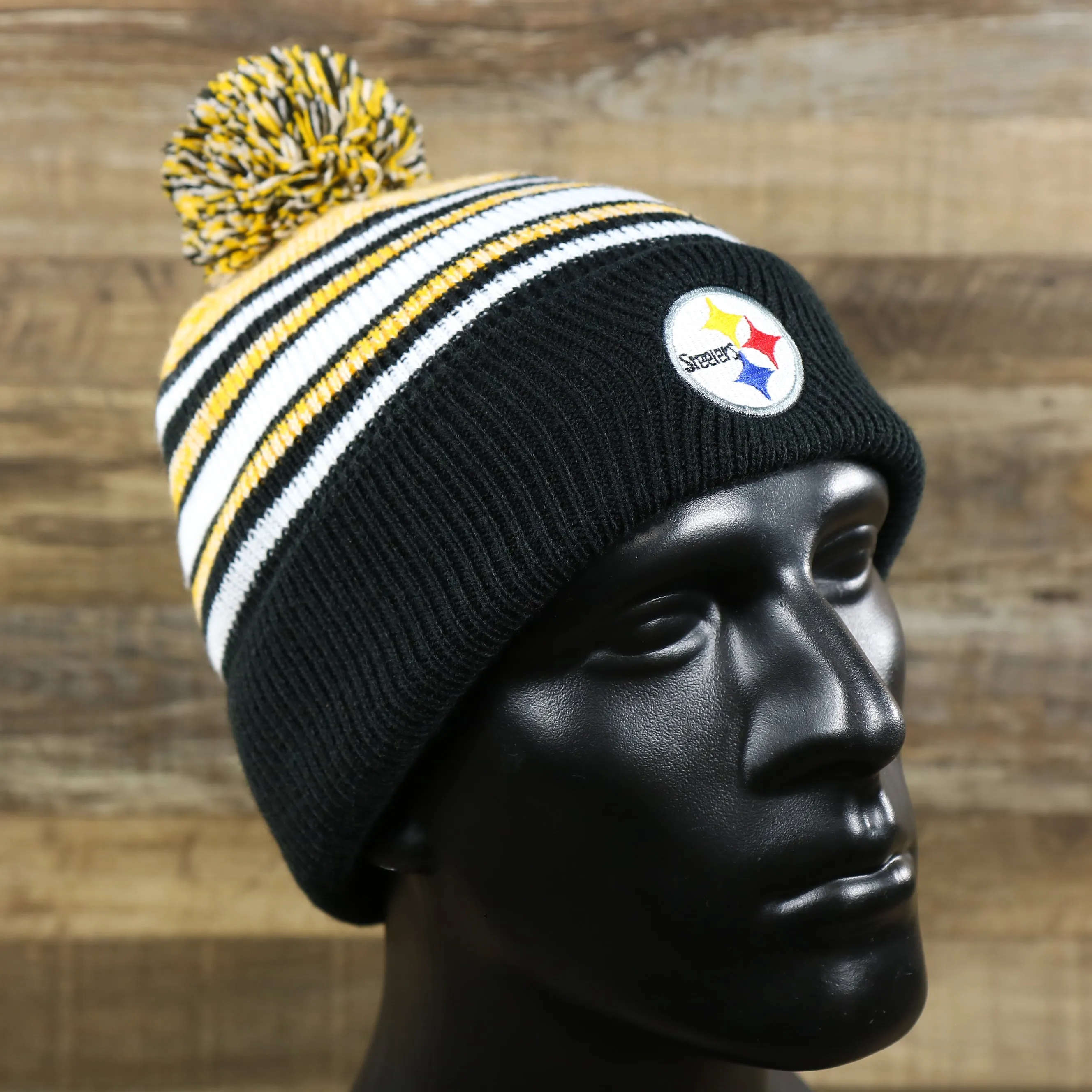 Pittsburgh Steelers Striped Pom Pom Winter Beanie for Kids - Black, Yellow, White