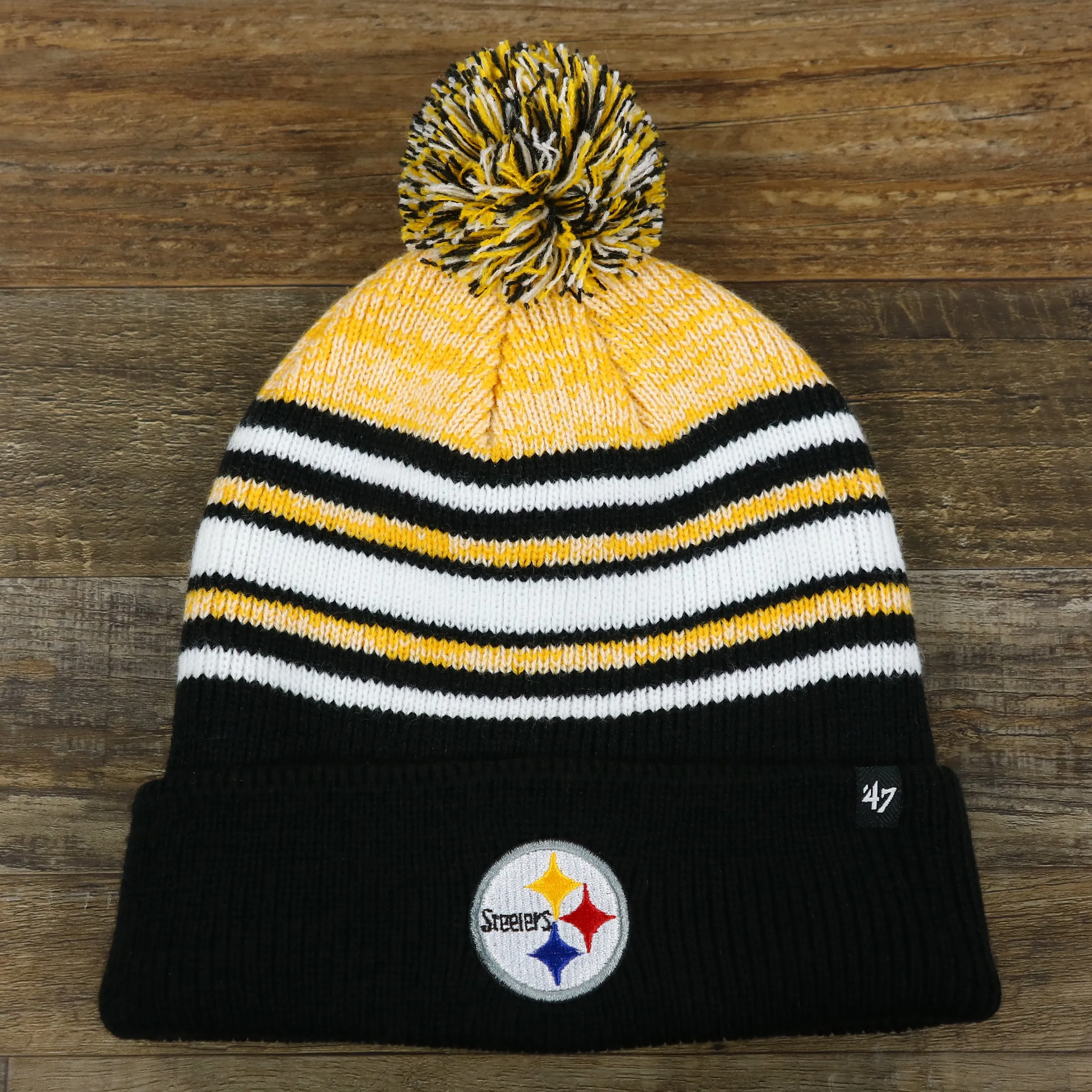 Pittsburgh Steelers Striped Pom Pom Winter Beanie for Kids - Black, Yellow, White