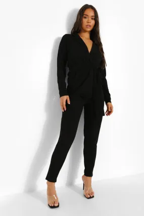 Plunge Tie Waist Blazer And Skinny Pants