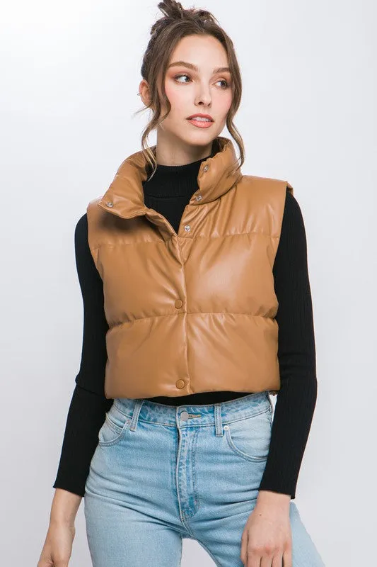 PU Leather Puffer Vest with Snap Button