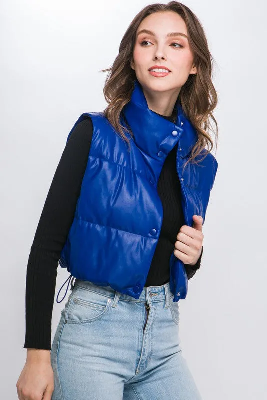 PU Leather Puffer Vest with Snap Button