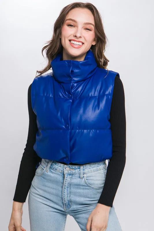 PU Leather Puffer Vest with Snap Button