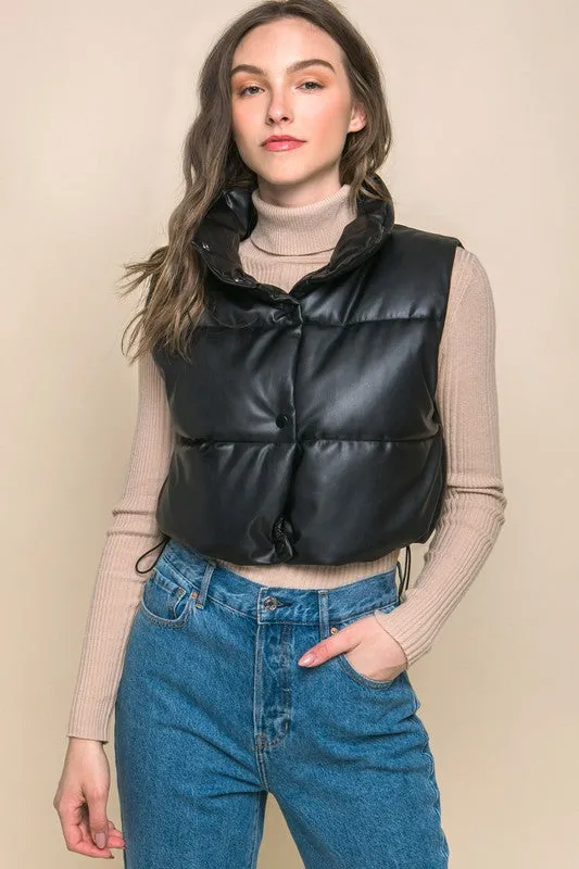 PU Leather Puffer Vest with Snap Button