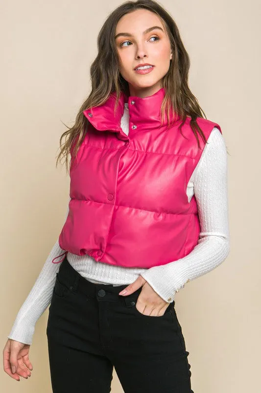 PU Leather Puffer Vest with Snap Button