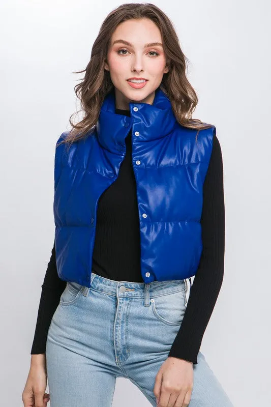 PU Leather Puffer Vest with Snap Button