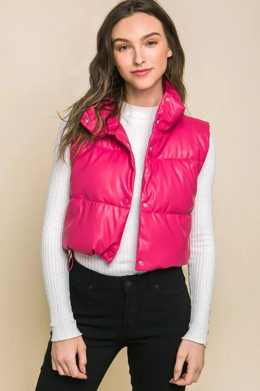 PU Leather Puffer Vest with Snap Button